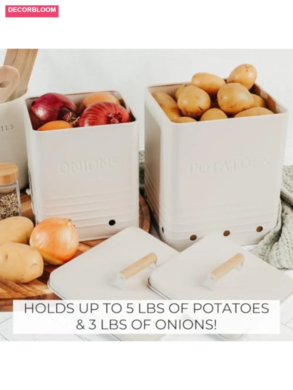 Potato and Onion Storage Container Set - Food Safe Metal Bins with Wooden Lid